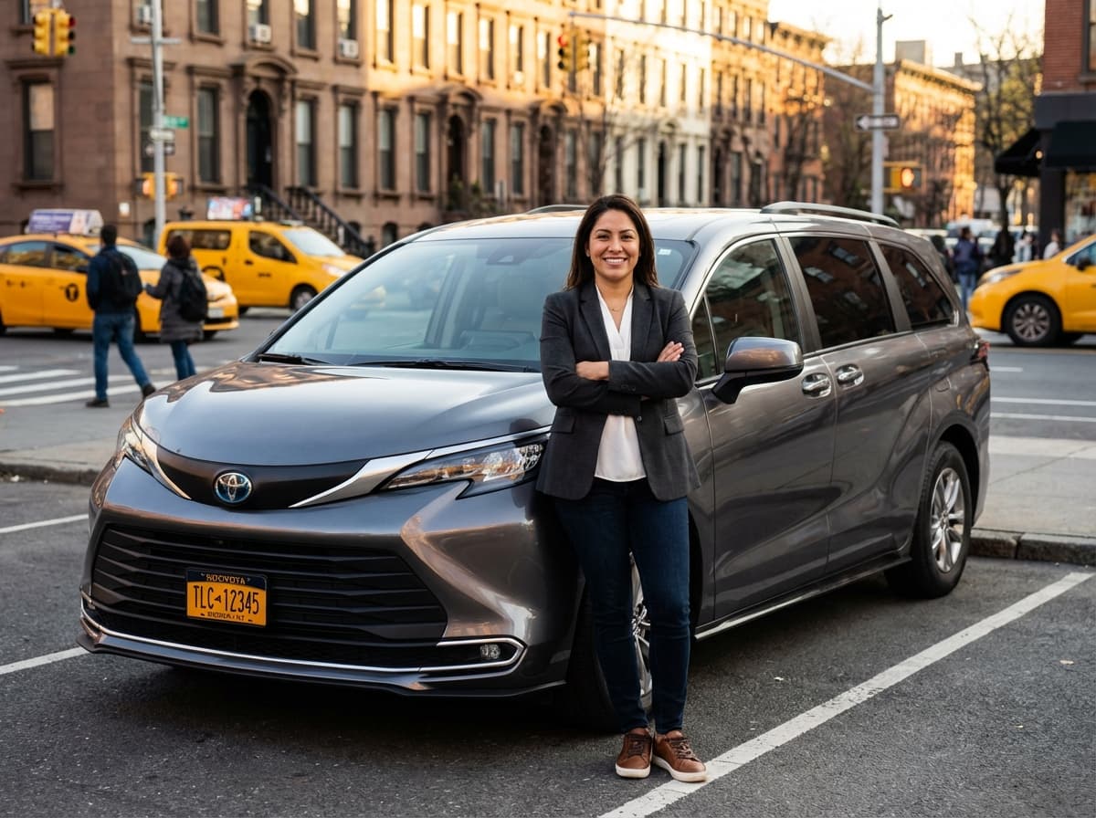 Confident TLC driver standing next to her own vehicle in NYC