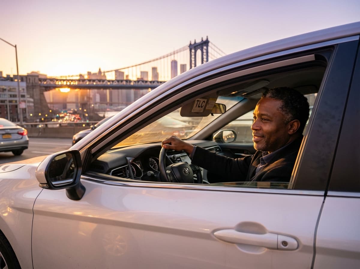 TLC driver in a sedan on the Manhattan Bridge at sunrise