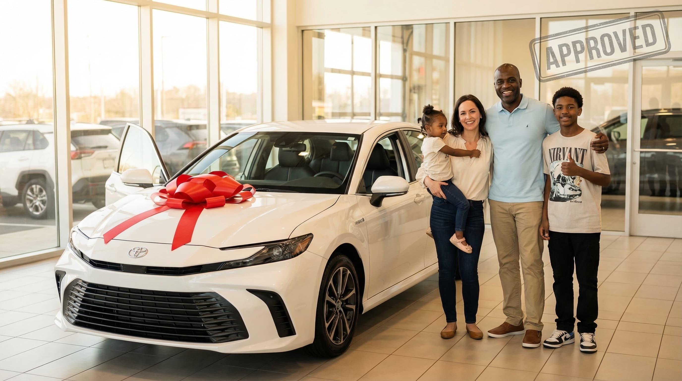 Family celebrating their vehicle financing approval — LimeCars helps drivers of all credit backgrounds get approved