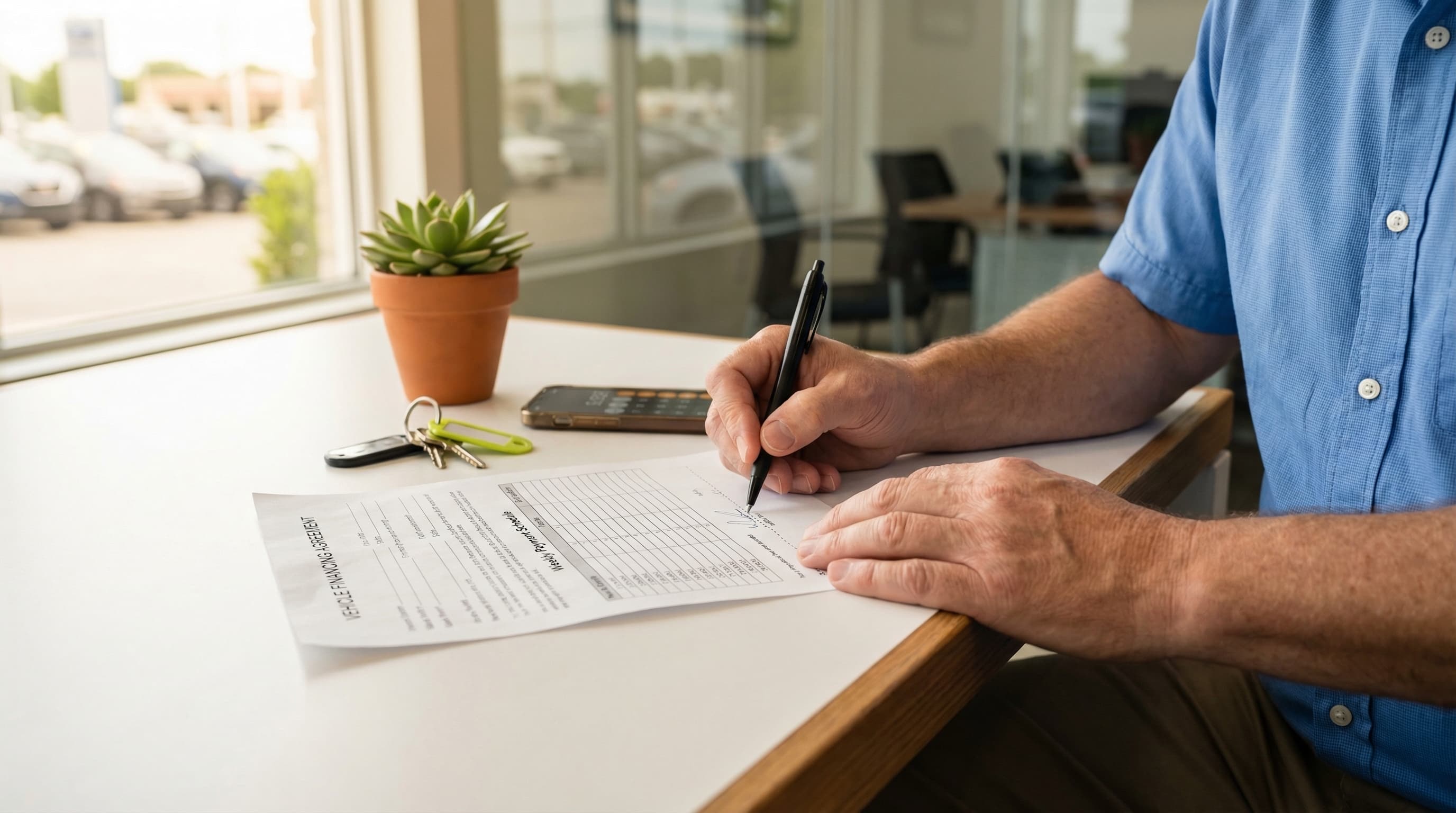 TLC driver signing rent-to-own financing paperwork at LimeCars dealership in Queens, NYC