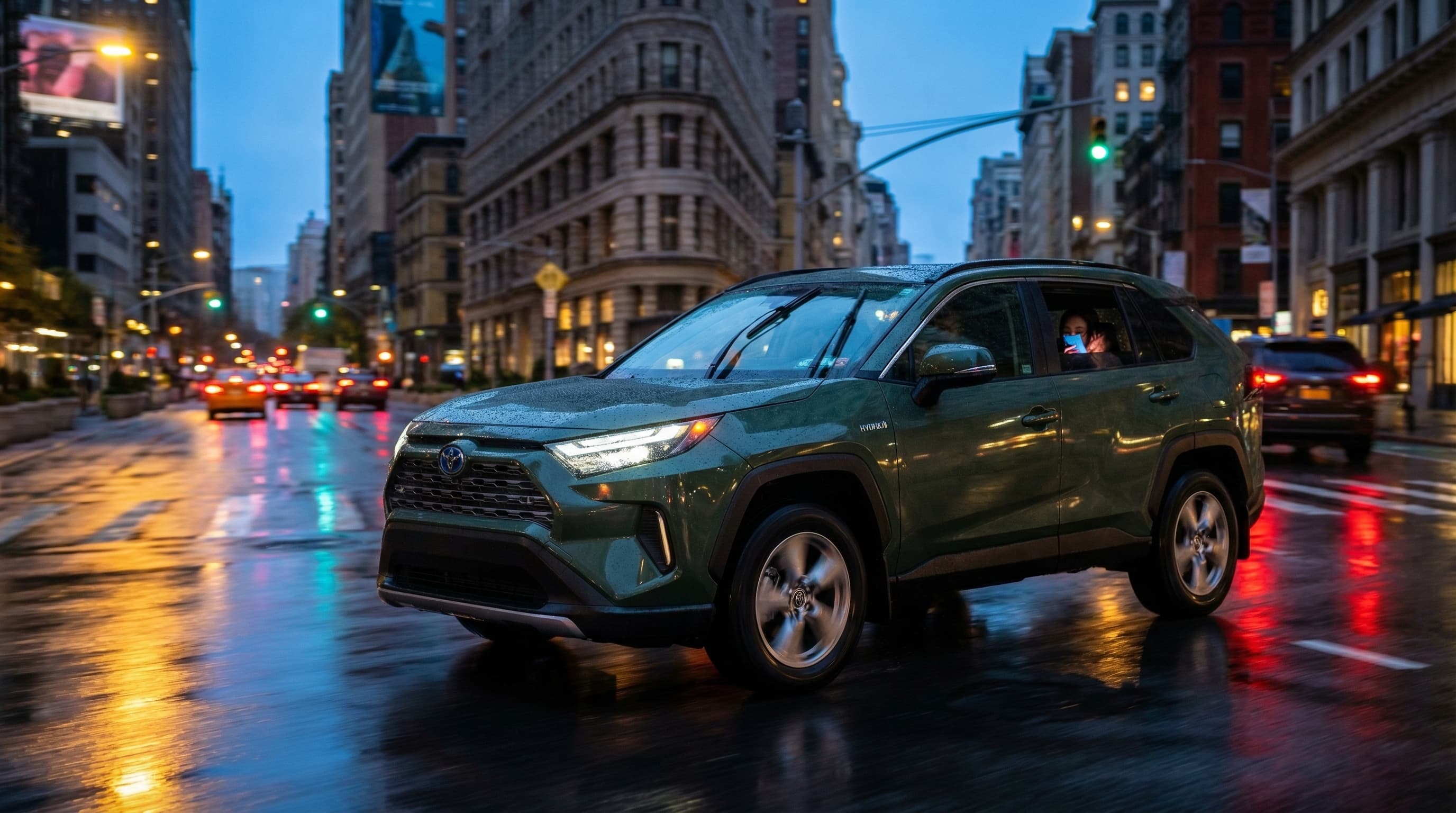 Toyota RAV4 Hybrid driving in rain near the Flatiron Building in Manhattan