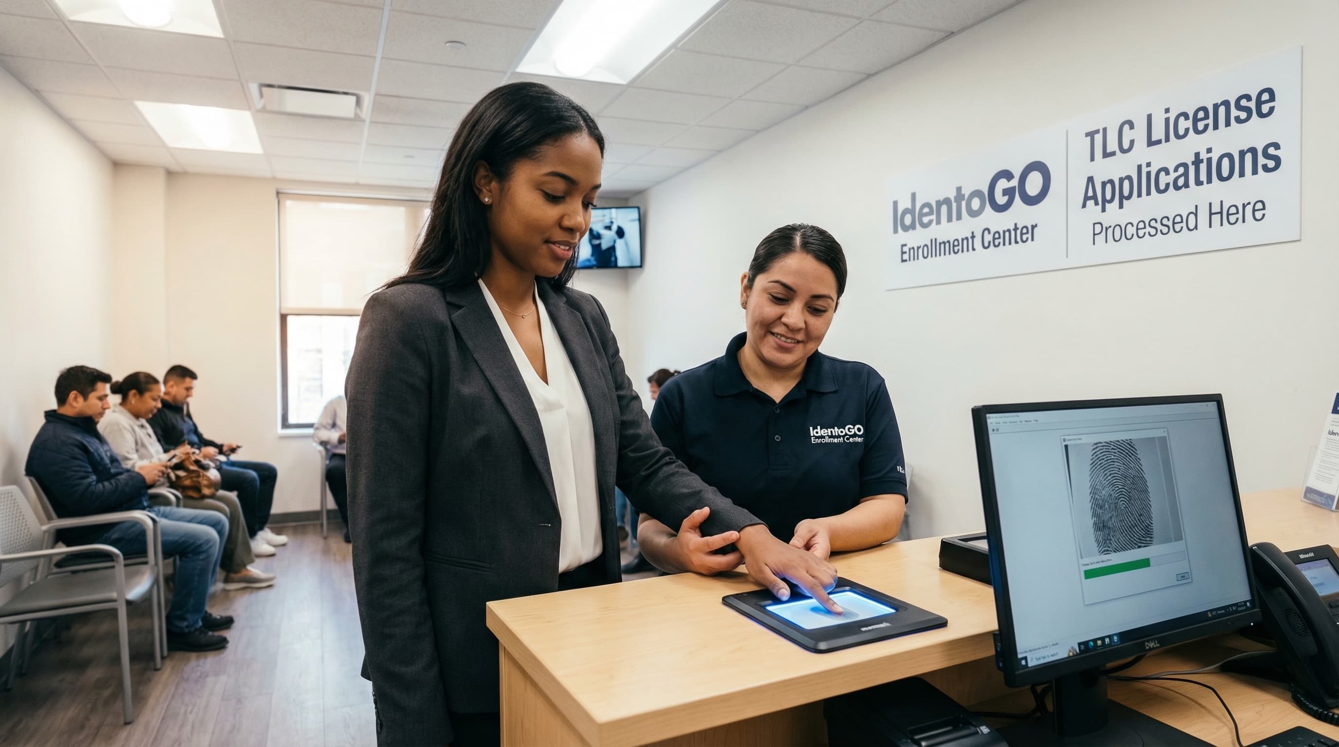 Driver getting fingerprinted at an IdentoGO location as part of the TLC license background check