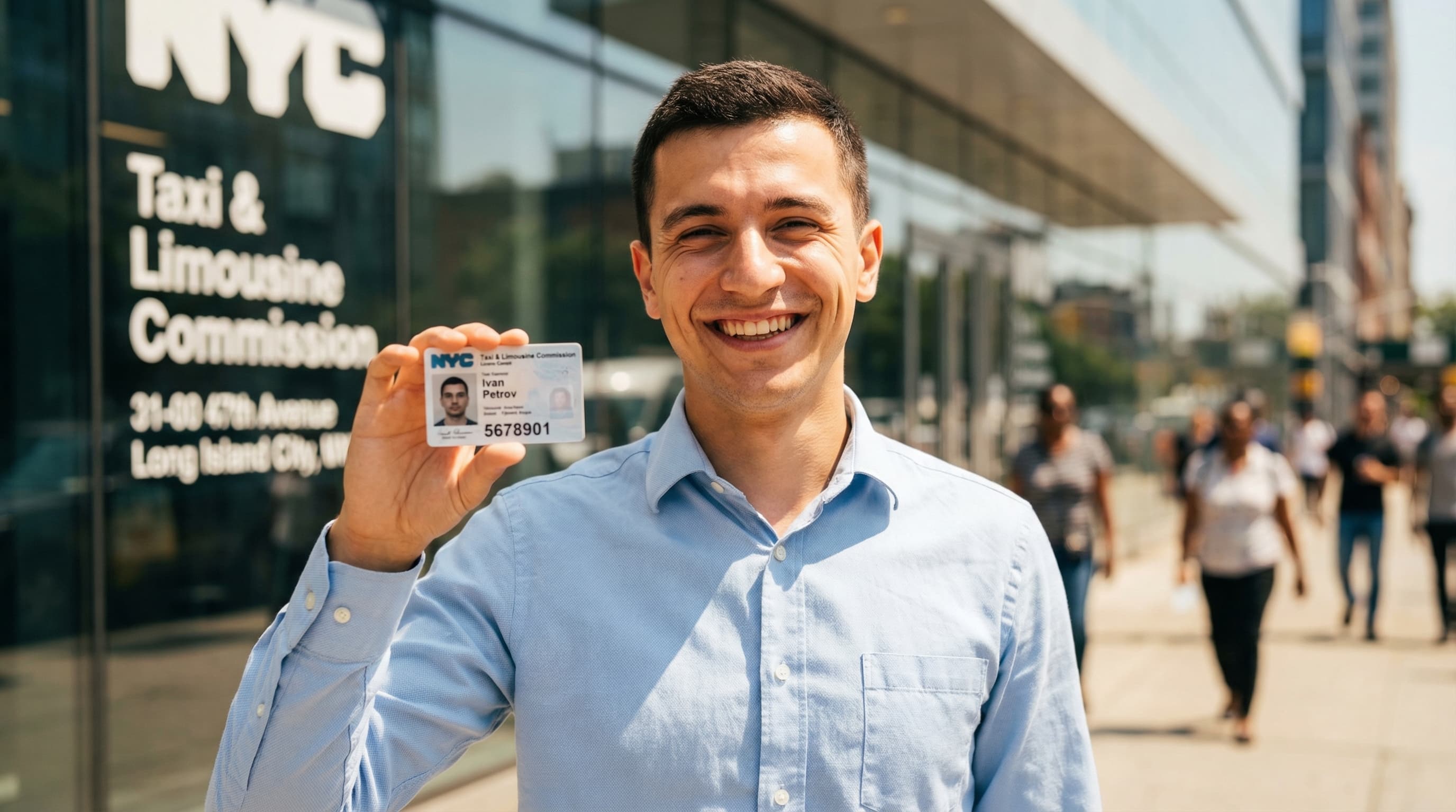 A newly licensed TLC driver proudly holding their NYC Taxi and Limousine Commission driver license