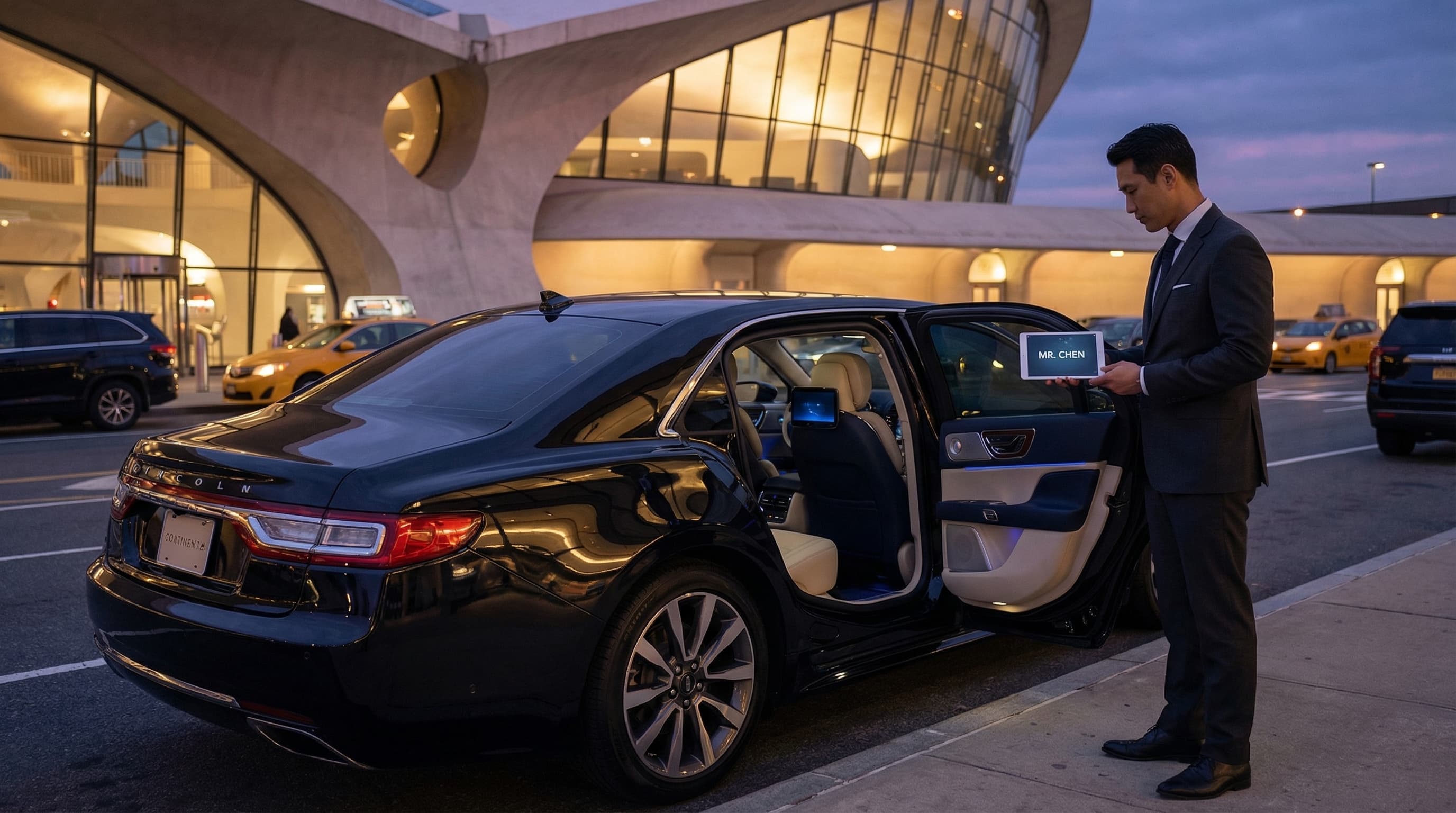 Lincoln Continental at JFK Airport representing Uber Black luxury service in NYC