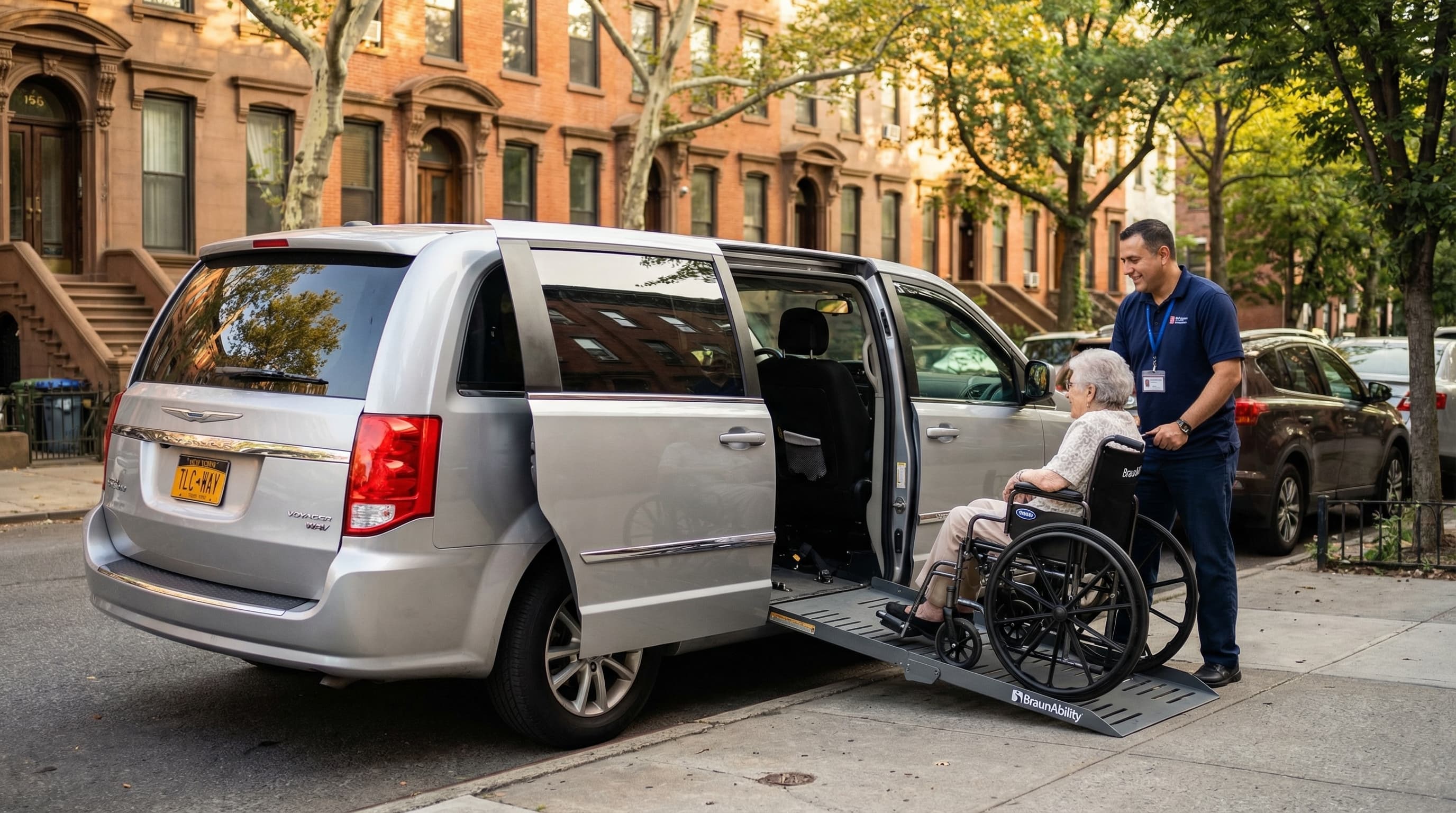 WAV vehicle with wheelchair ramp deployed, showing ADA-compliant rideshare accessibility in NYC
