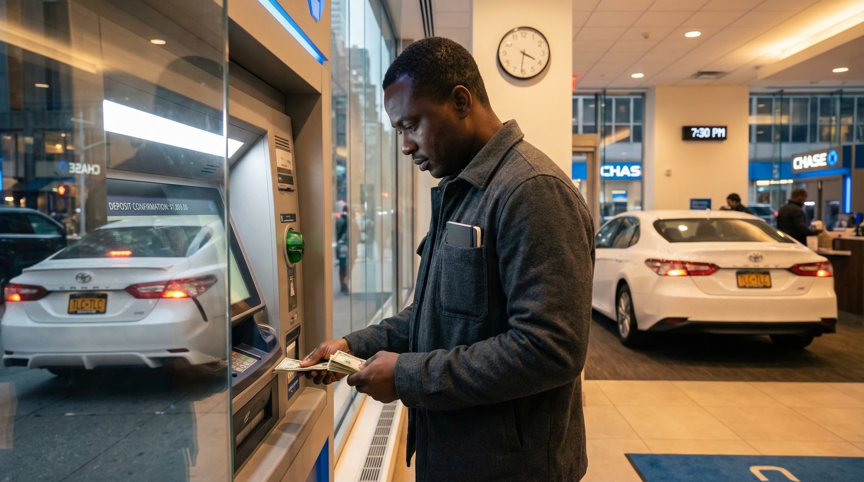 NYC TLC driver depositing weekly earnings at an ATM