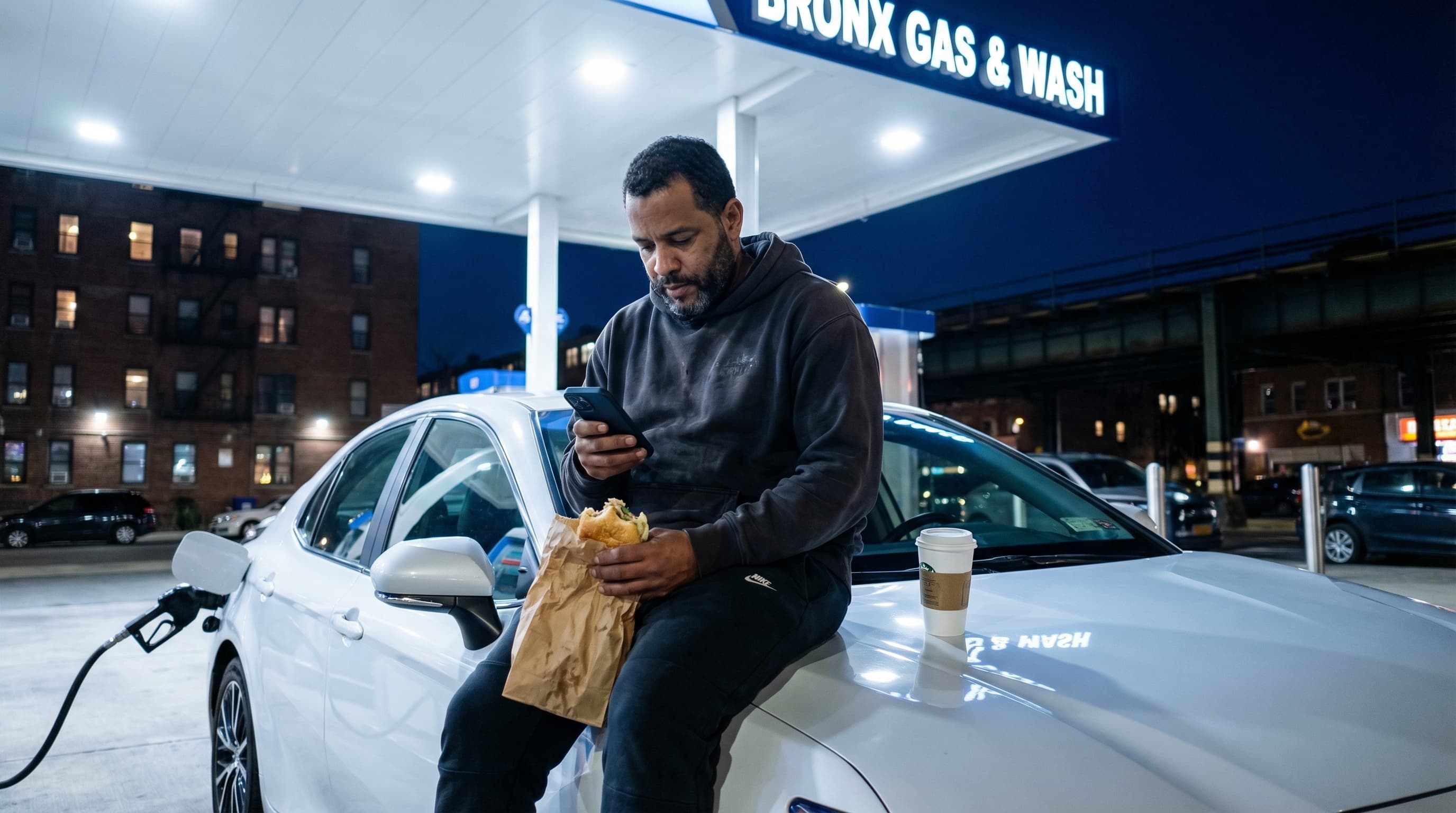 NYC rideshare driver taking a break at a gas station late at night