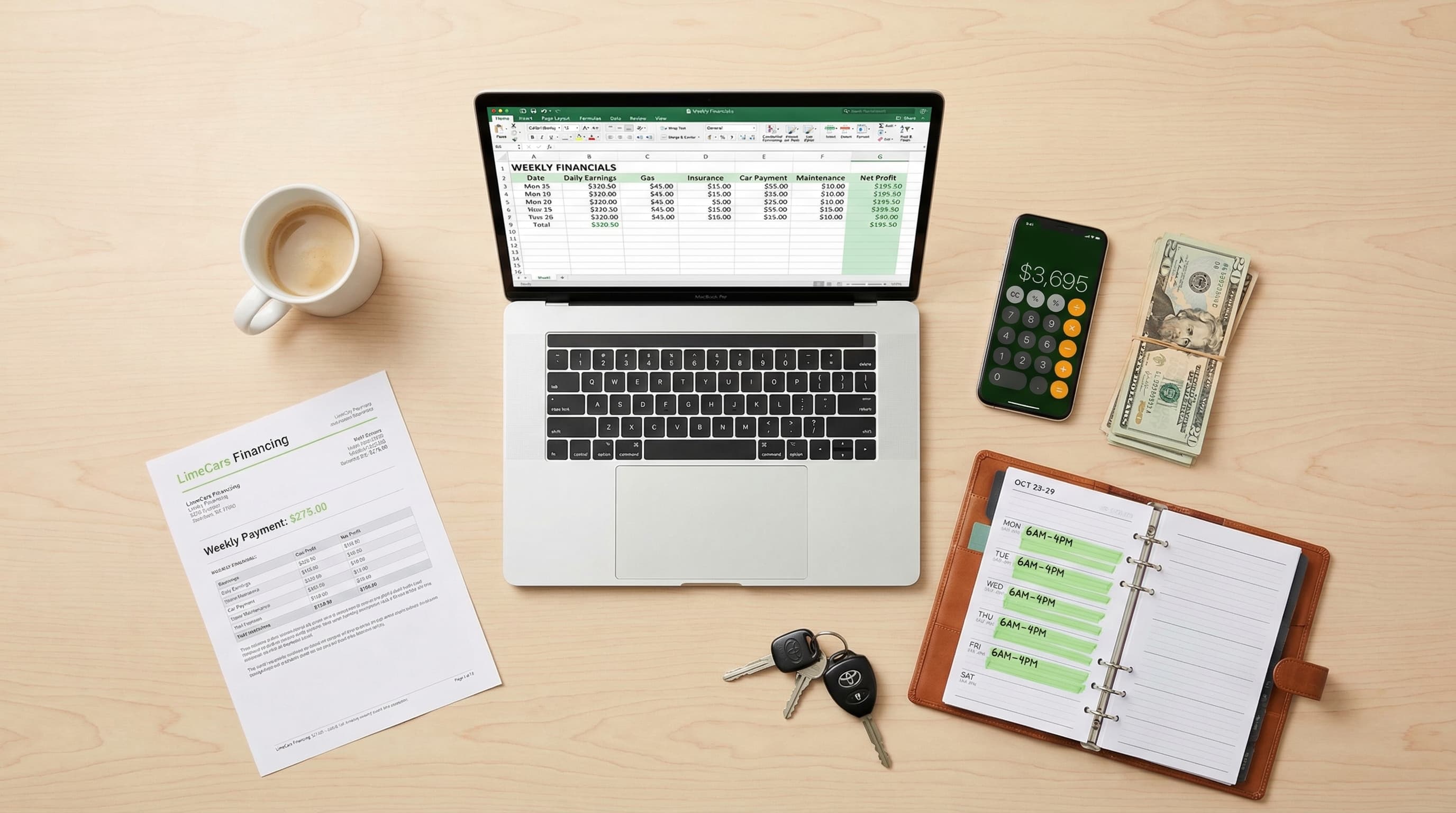 Financial planning flat-lay with expense spreadsheets, receipts, and a calculator on a desk