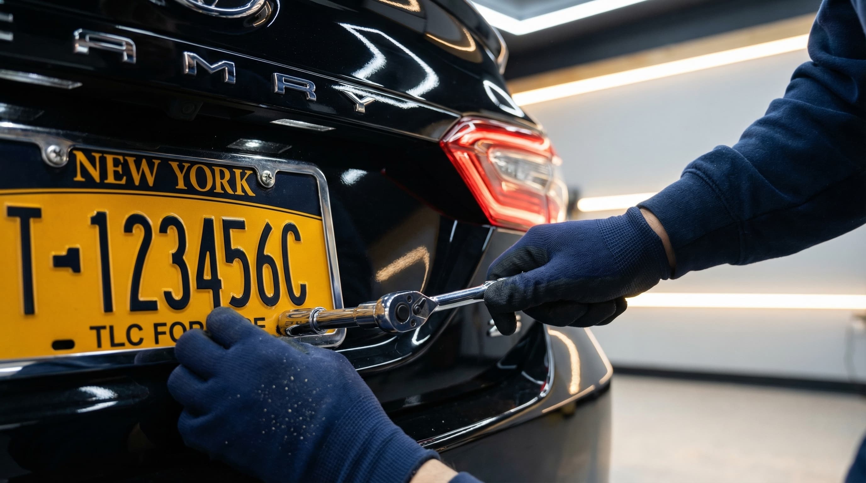 Close-up of a TLC FHV license plate being mounted on a vehicle