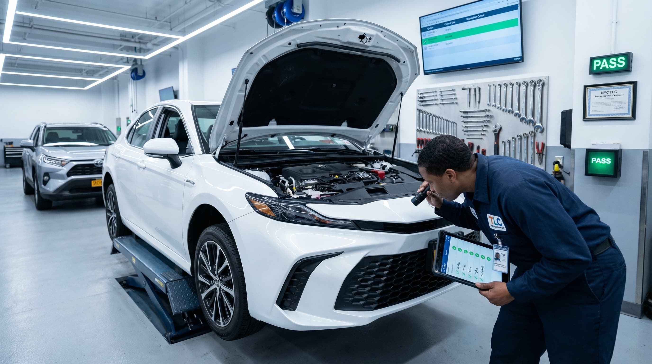 TLC vehicle inspection scene — a vehicle undergoing TLC compliance inspection before plate issuance