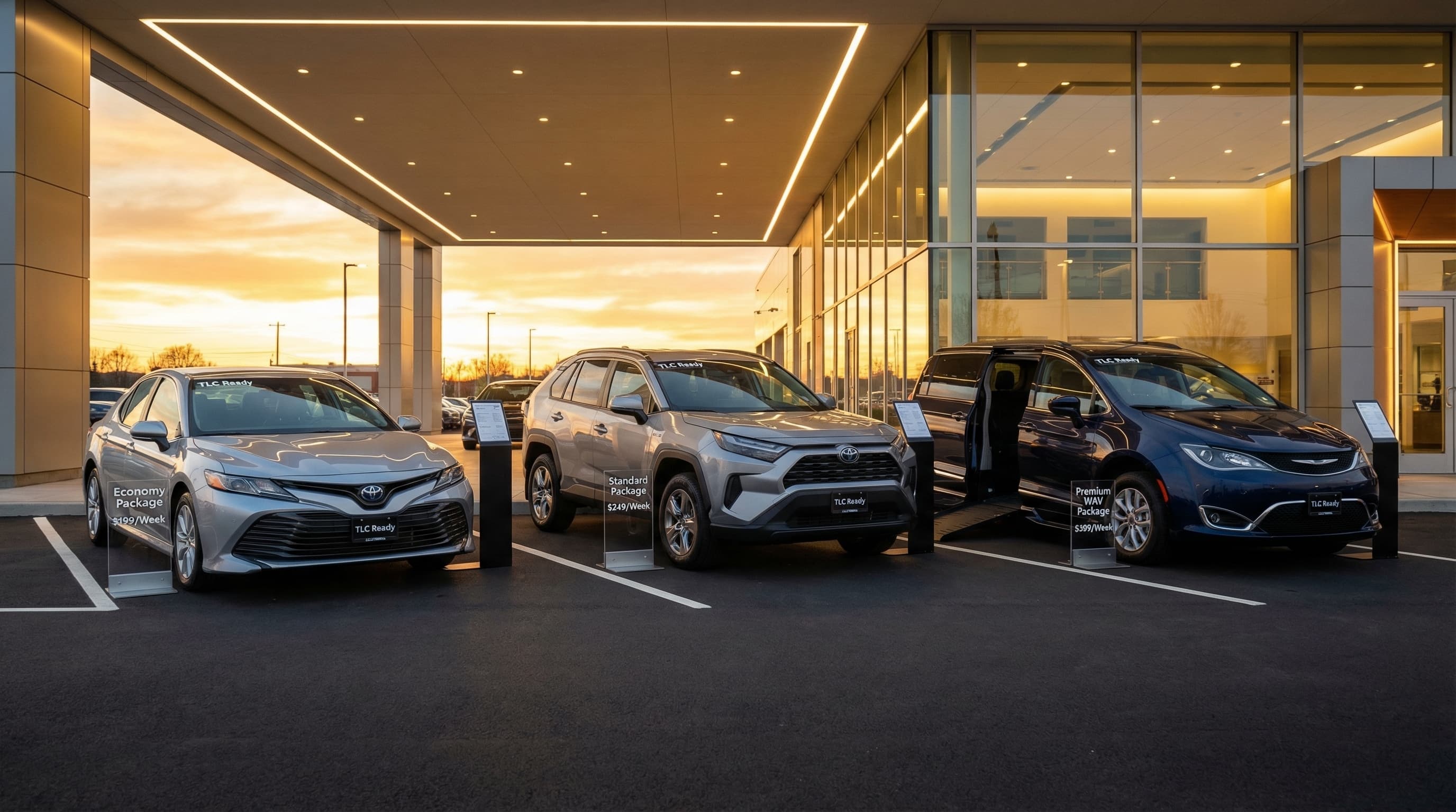 Three TLC vehicle packages side by side — Economy, Standard, and WAV options