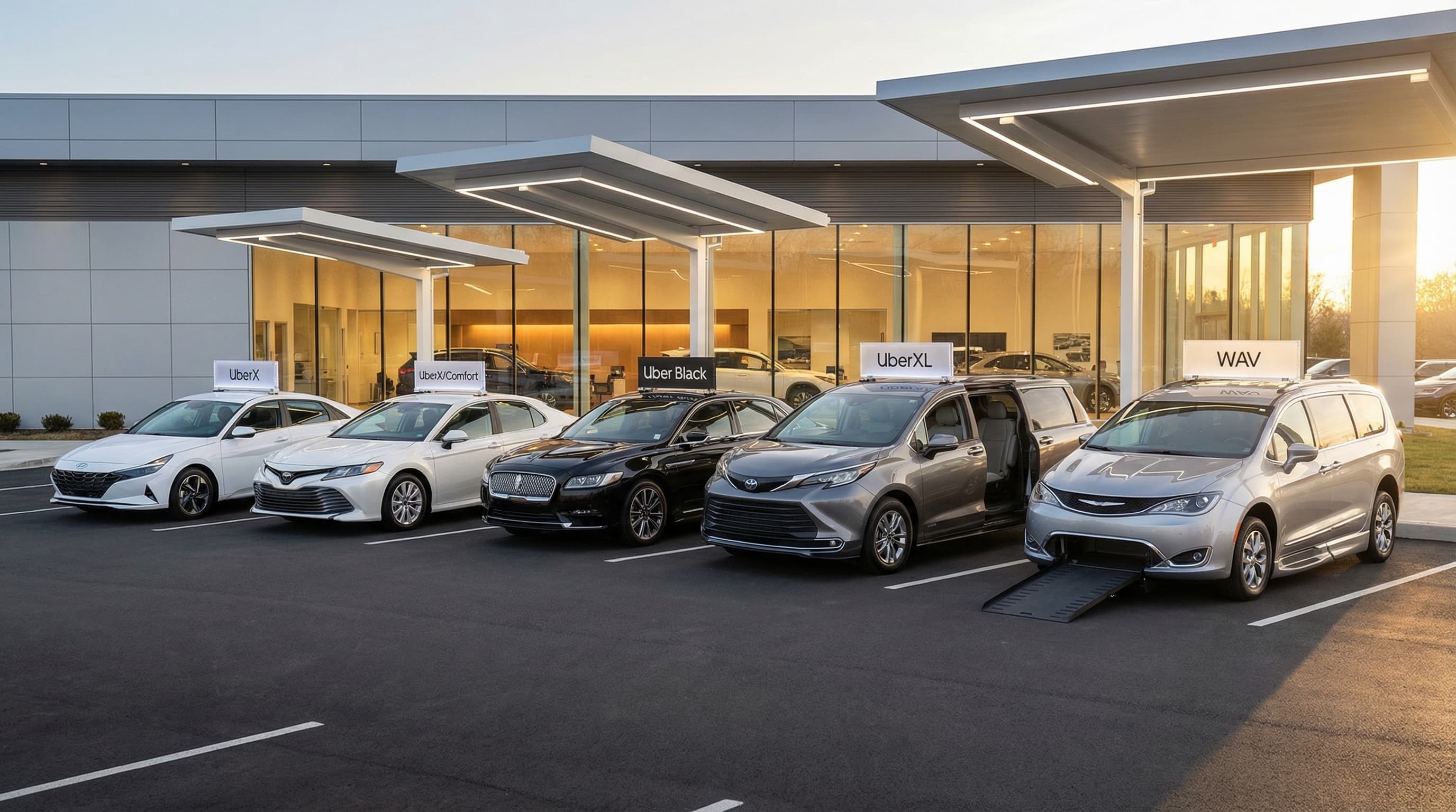 Five TLC-ready vehicles representing different tier options available at LimeCars